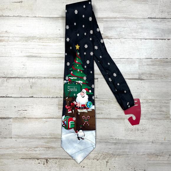100% Silk Christmas Tie Santa Tree Reindeer Teacher Desk Black A100974 - Picture 1 of 5